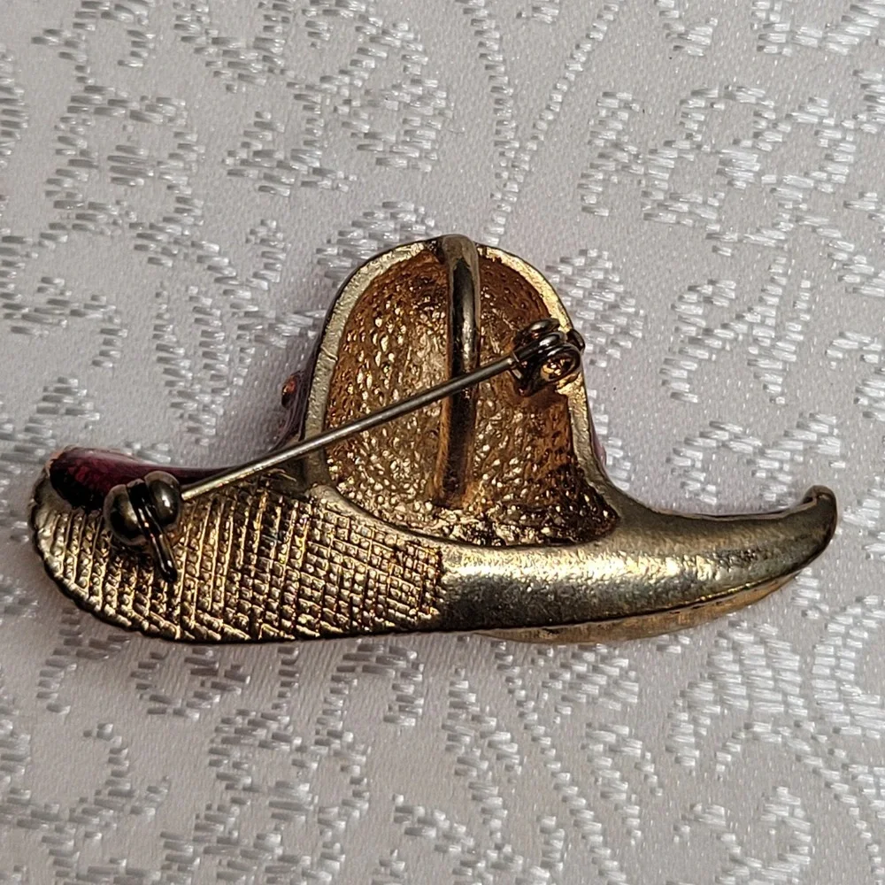 Vintage Gold Ruby Red Hat‎ Society Brooch Enamel Floral Pendant Gift